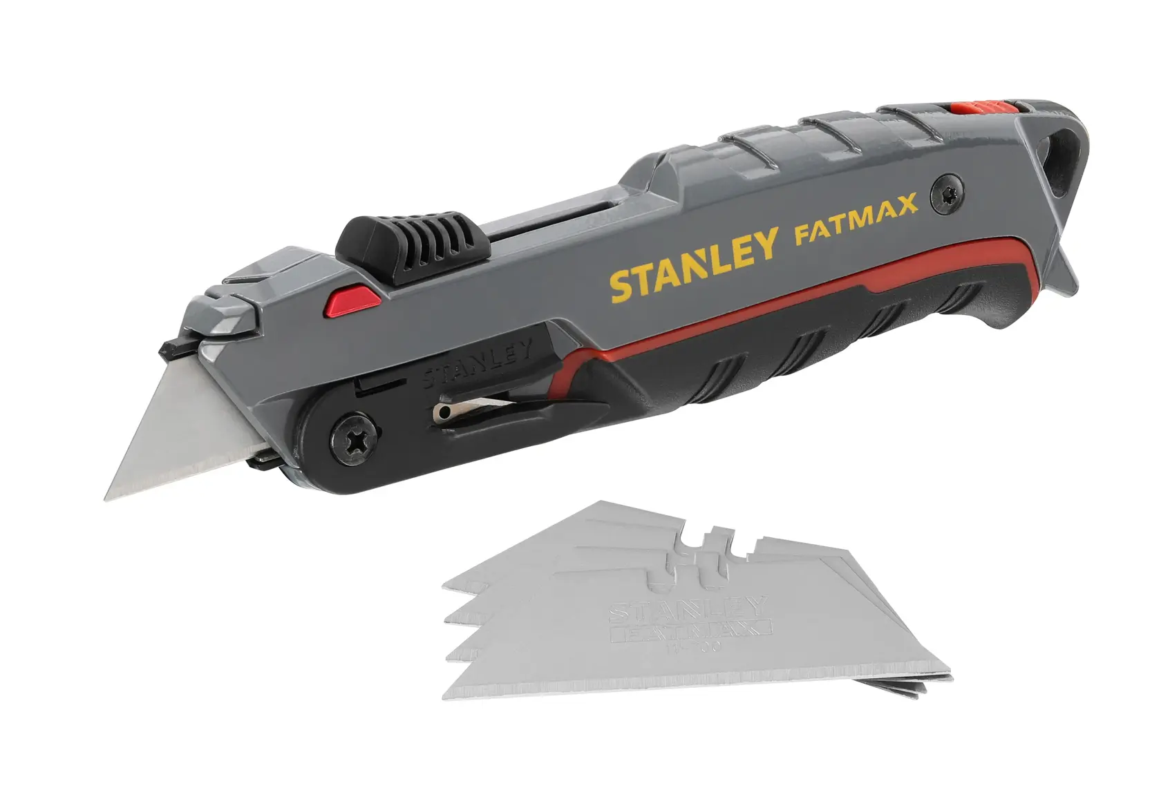 Cutter STANLEY 0-10-242 avec corps gris et noir, logo jaune et lames supplémentaires, vue latérale sur fond blanc.