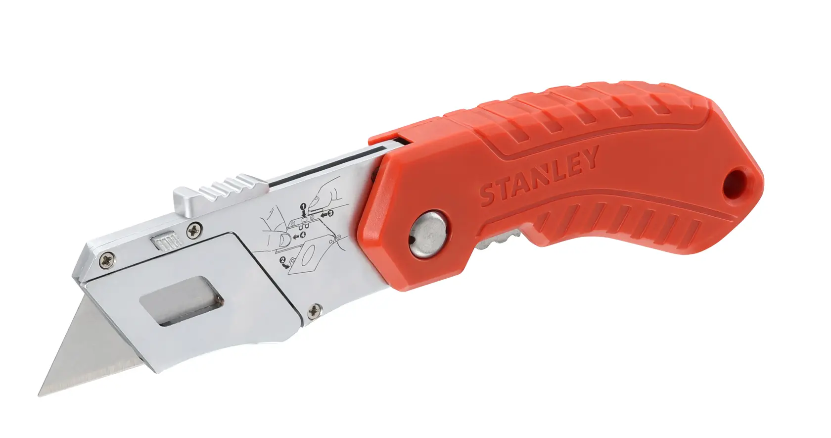 STANLEY 0-10-243 couteau pliant avec poignée ergonomique orange et lame argentée, vue latérale gauche, sur fond blanc.