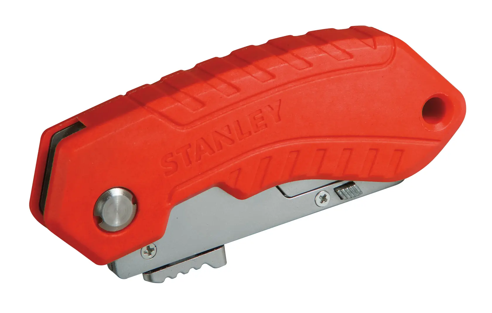 STANLEY 0-10-243 couteau utilitaire pliant avec manche rouge texturé, vue latérale, photographie.