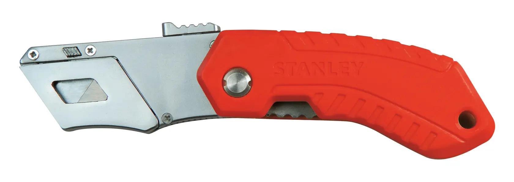 STANLEY 0-10-243 couteau utilitaire pliant avec manche ergonomique rouge, vue latérale sur fond blanc.
