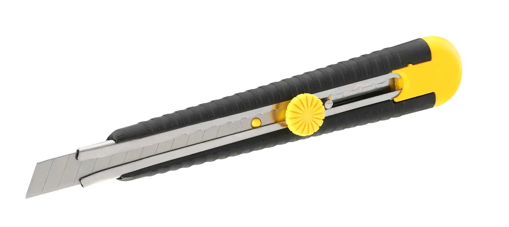 STANLEY 0-10-409 utility knife with black handle and yellow accents, side angle on white background.