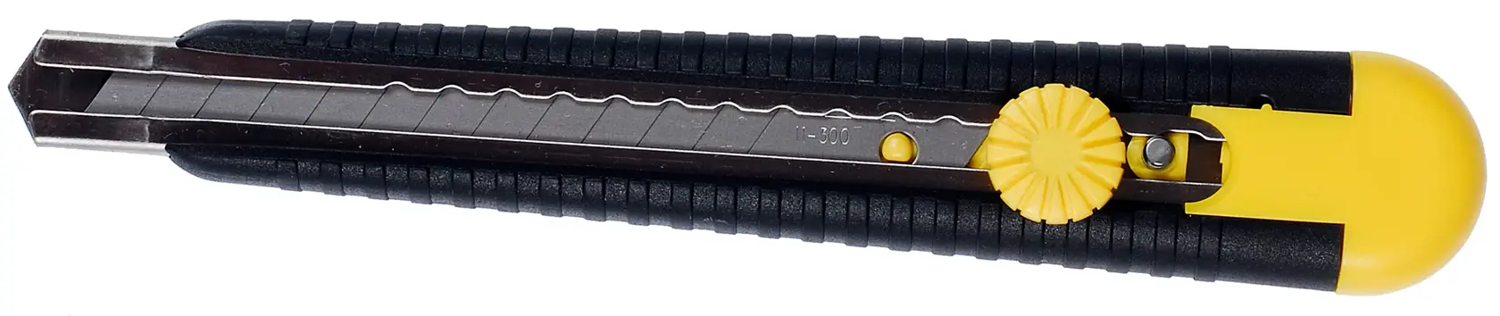 STANLEY 0-10-409 utility knife black and yellow, top view on white background.