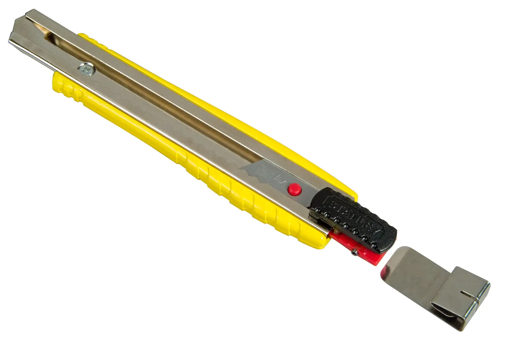 Cutter utilitaire STANLEY 0-10-421 jaune avec corps métallique, lame rétractable, vue latérale sur fond blanc.