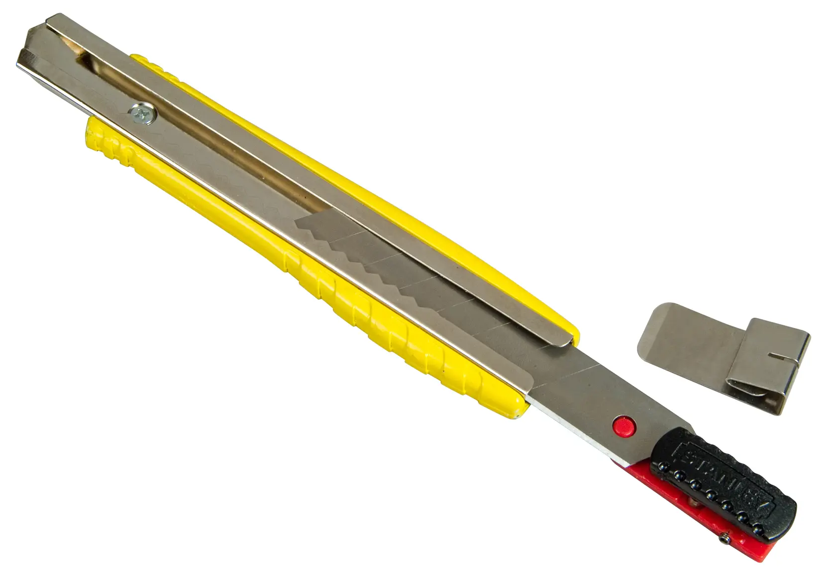 Cutter STANLEY 0-10-421 à poignée jaune avec pince métallique amovible, vue latérale du produit.