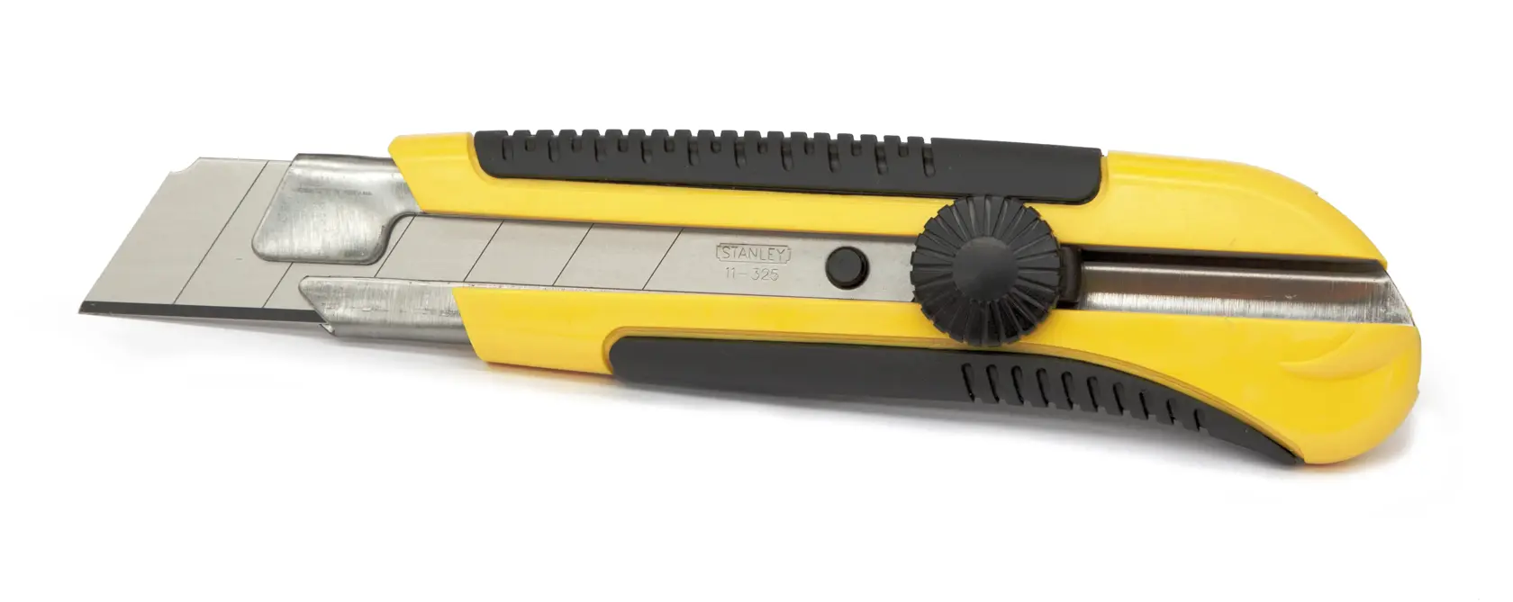 STANLEY 0-10-425 utility knife with yellow and black handle, side view on white background.