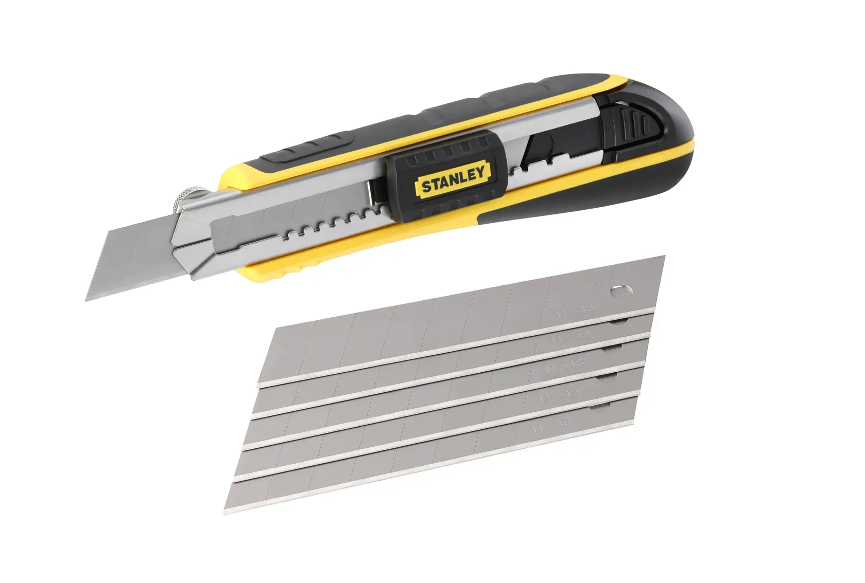 STANLEY 0-10-481 utility knife with segmented blade and extra blades, side angle on white background.