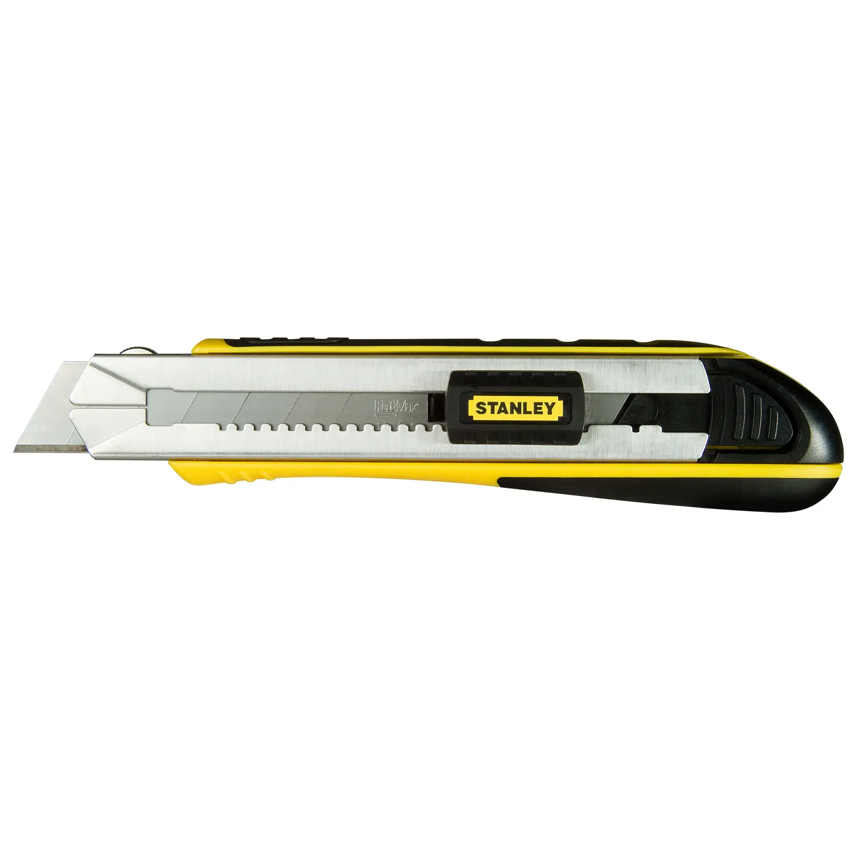 STANLEY 0-10-486 taglierino giallo e nero, vista laterale su sfondo bianco.