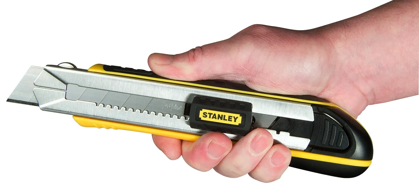 Foto del taglierino STANLEY 0-10-486 con manico giallo e nero, tenuto in mano, vista laterale.