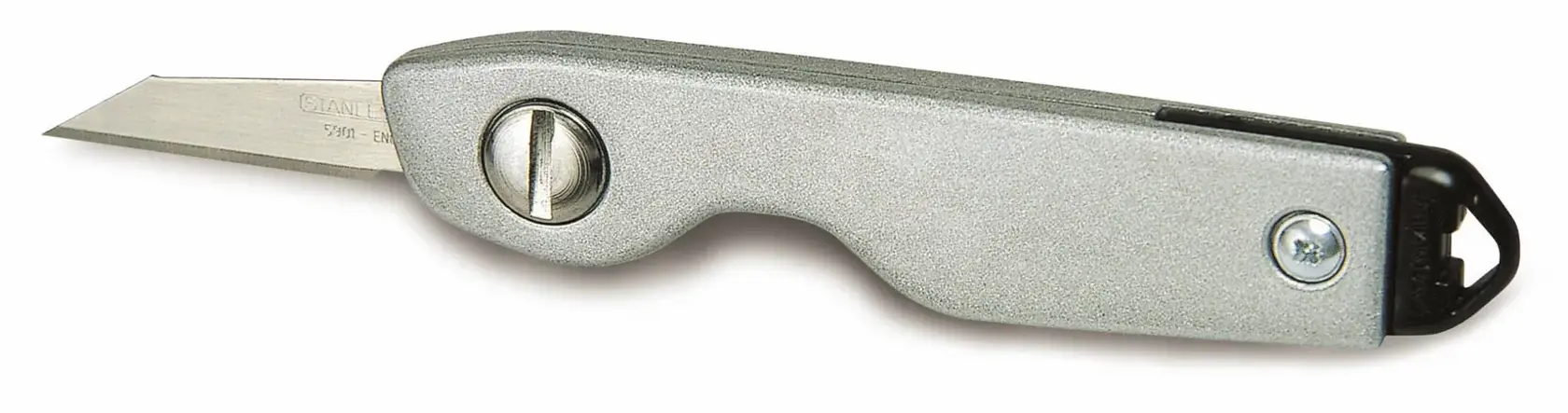 STANLEY 0-10-598 silbernes, klappbares Universalmesser, Seitenansicht, auf weißem Hintergrund.