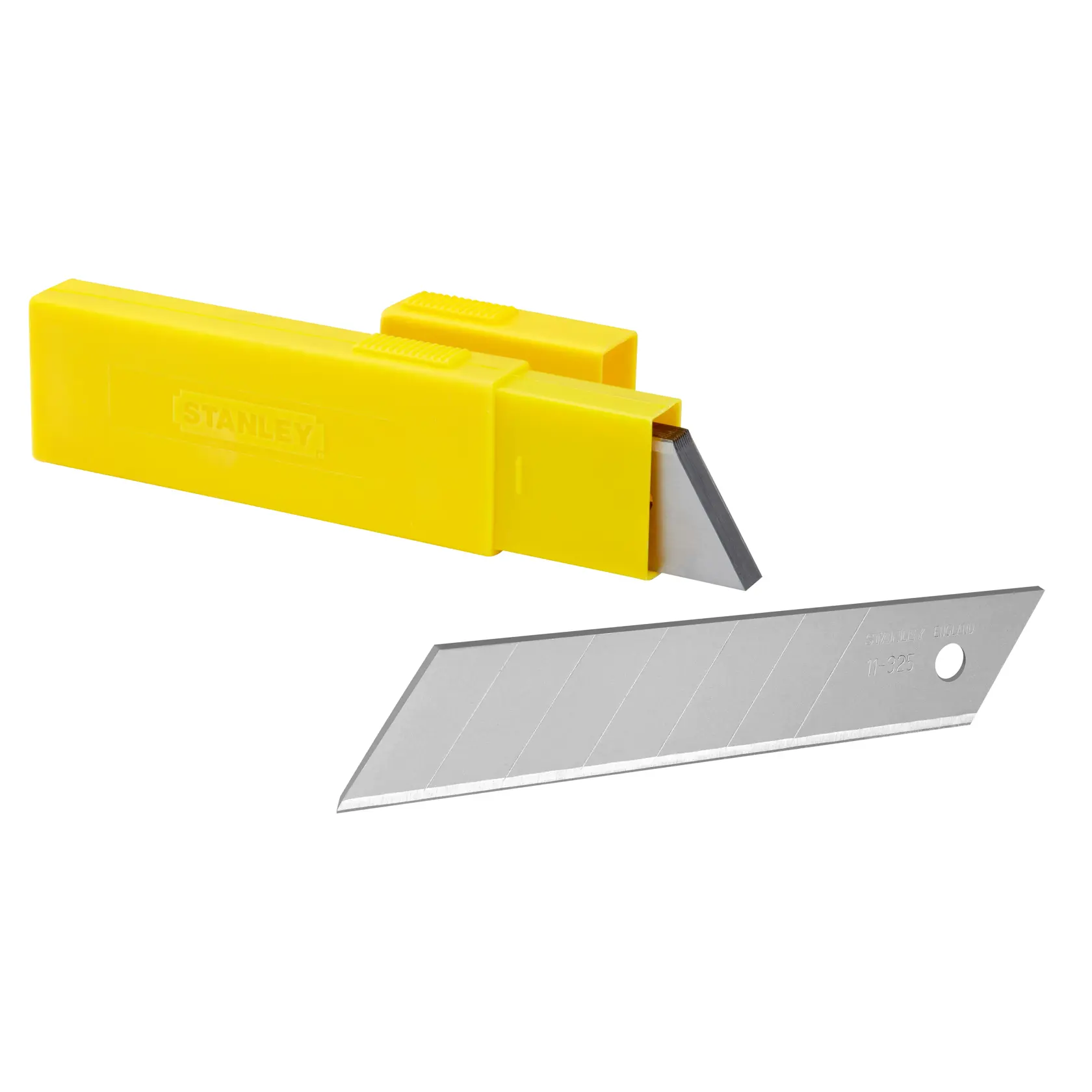 Lame de cutter STANLEY 0-11-325 avec distributeur plastique jaune, vue latérale sur fond blanc.