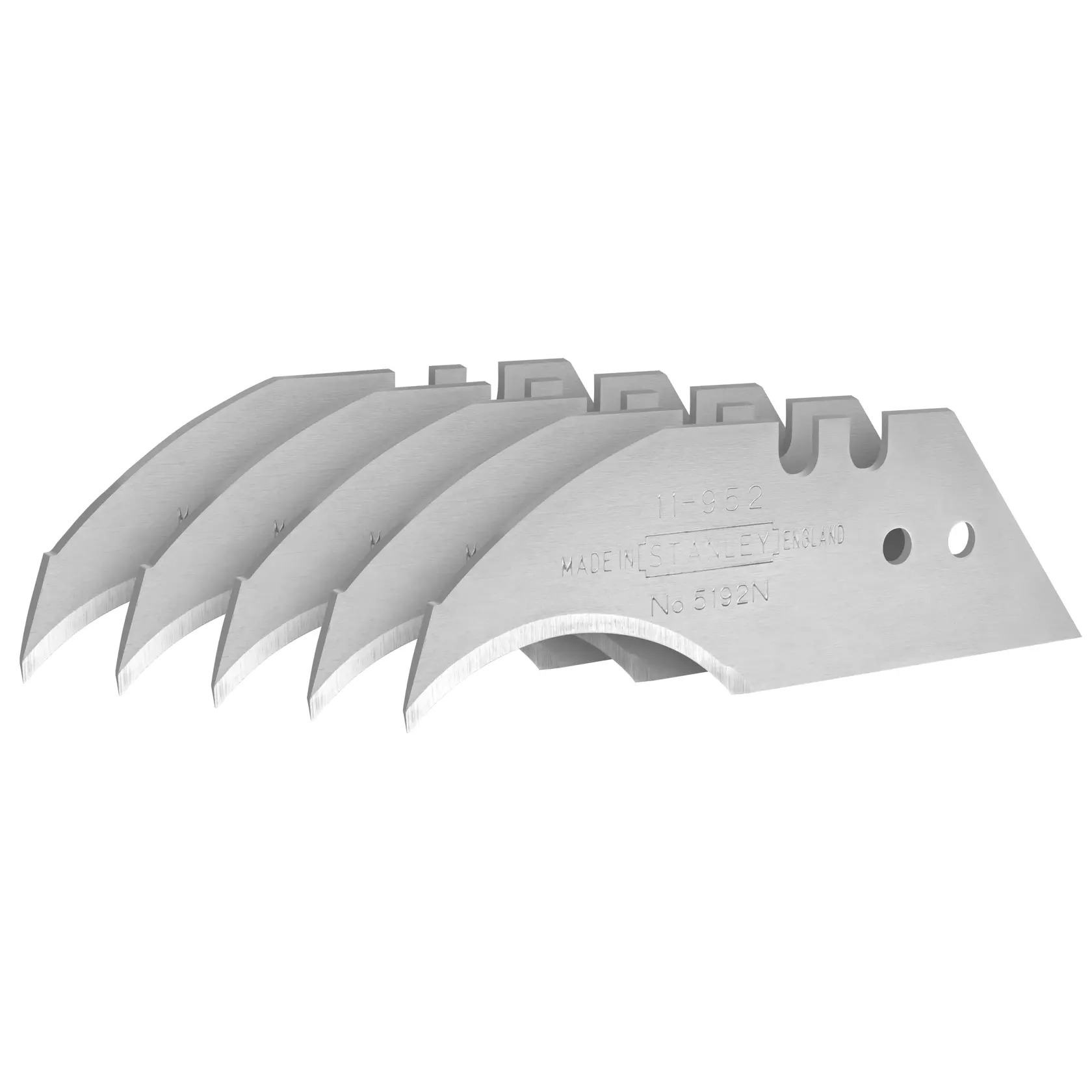 Lames courbes pour couteau STANLEY 0-11-952, lot de cinq, argentées, vue en angle, sur fond blanc.