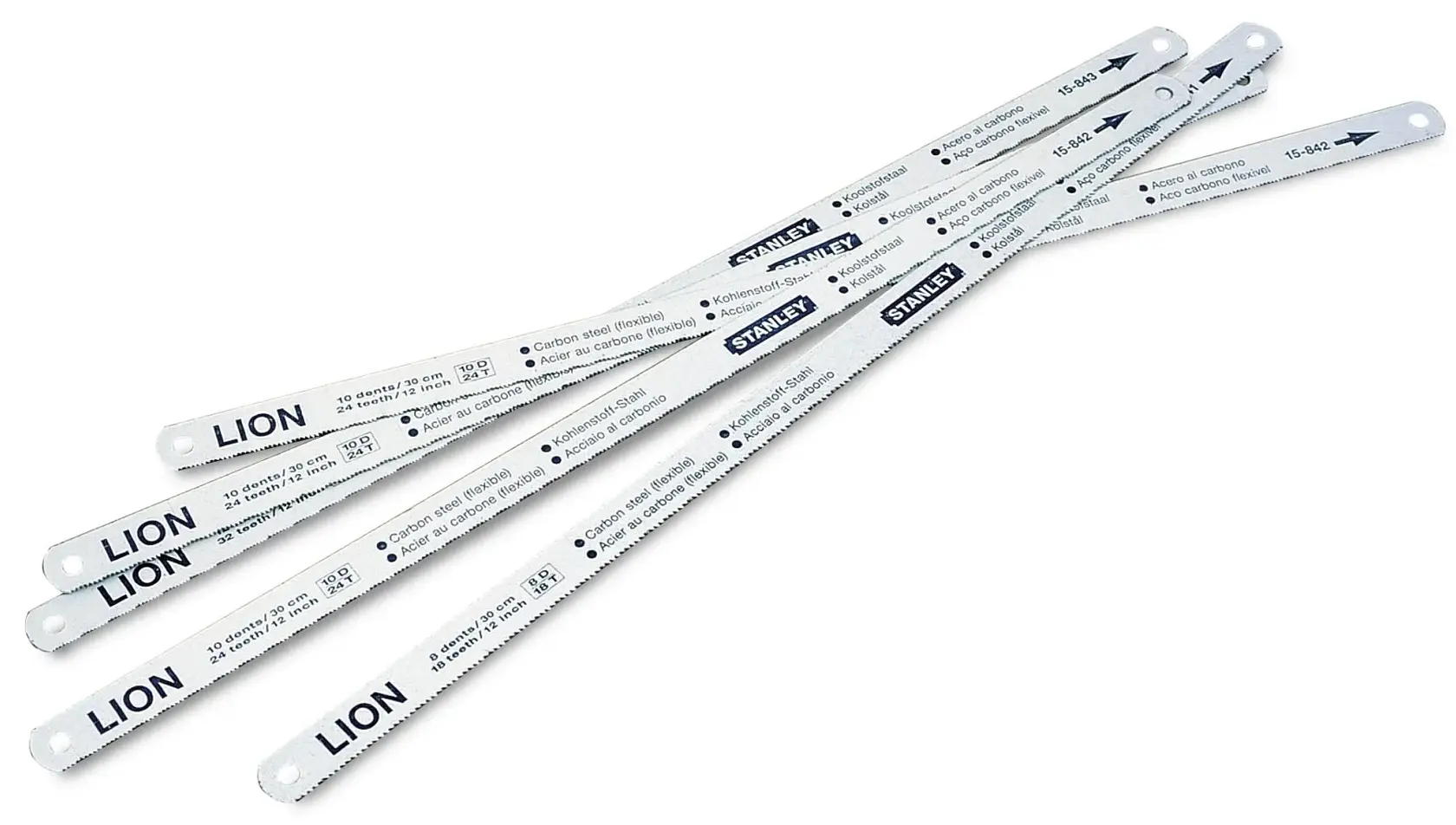 STANLEY 0-15-801 set of five white hacksaw blades, straight view, with printed specifications and black branding.