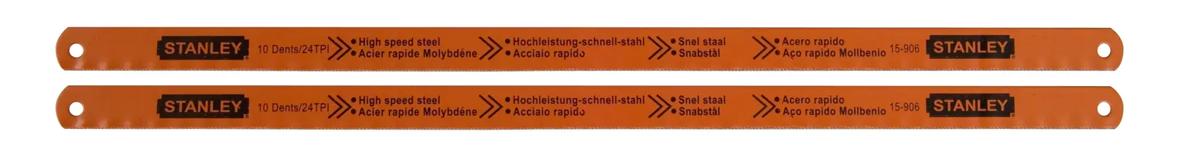 STANLEY 0-15-906 lames de scie, acier rapide orange, lot de deux, photographie produit, angle plat.