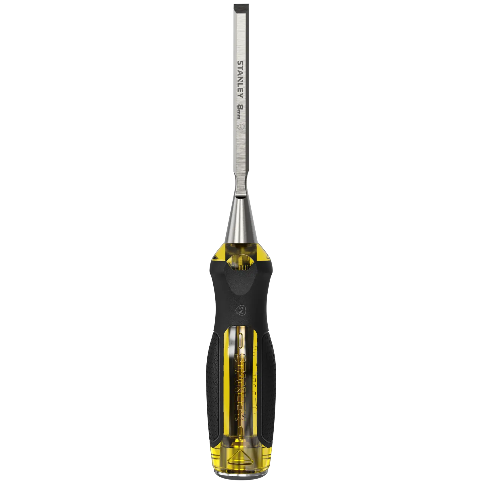 Ciseau Stanley 8mm avec manche jaune et noir, utilisé pour le travail ou la sculpture du bois.