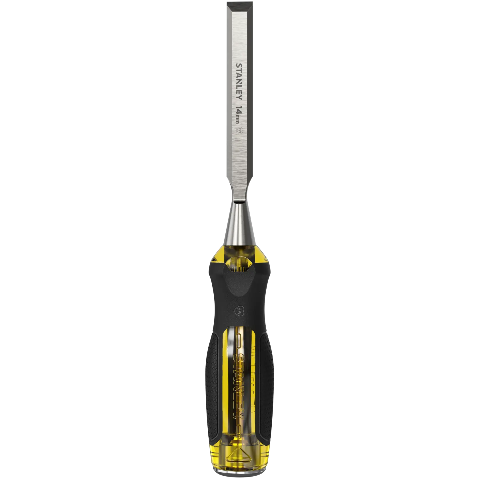 Ciseau à bois Stanley 14mm avec poignée noire et jaune, adapté aux travaux de précision.