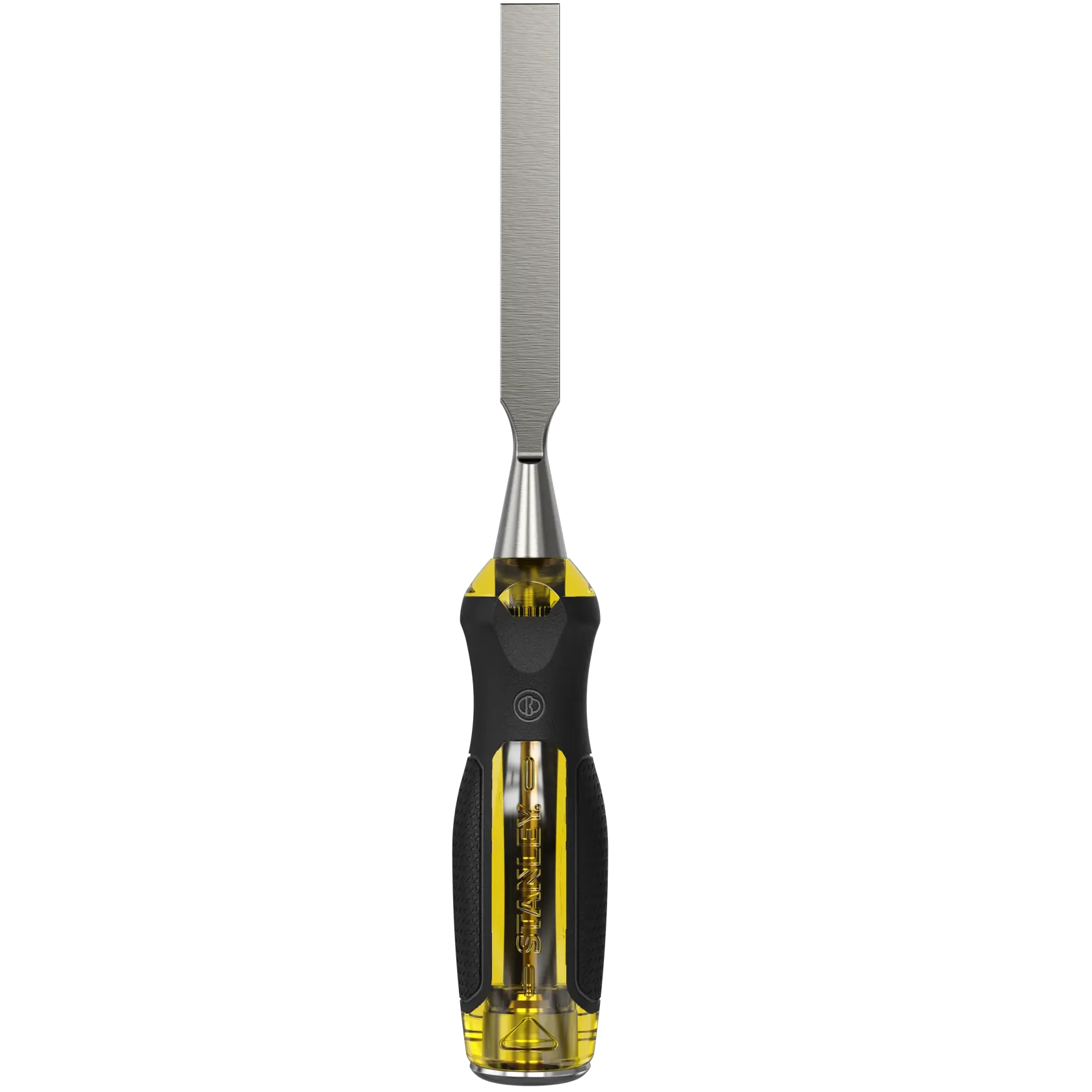 STANLEY 0-16-255 ciseau à bois avec manche ergonomique jaune et noir, vue de face sur fond blanc.