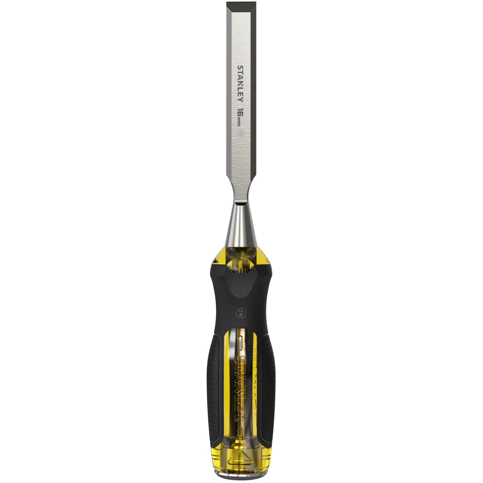 Ciseau Stanley avec manche noir et jaune, lame en acier de 16 mm, adapté pour travaux de bois.