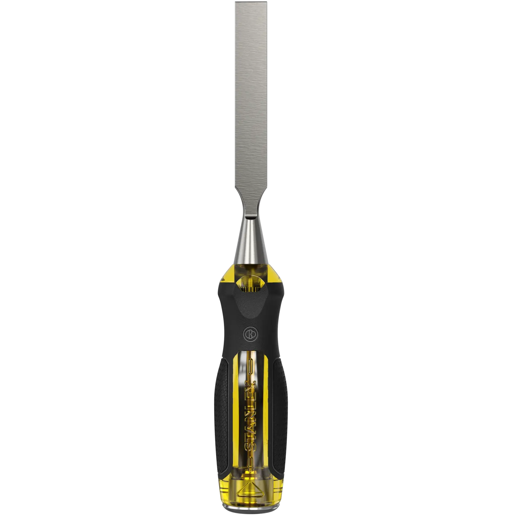 STANLEY 0-16-257 ciseau à bois avec poignée ergonomique jaune et noire, angle avant sur fond blanc.