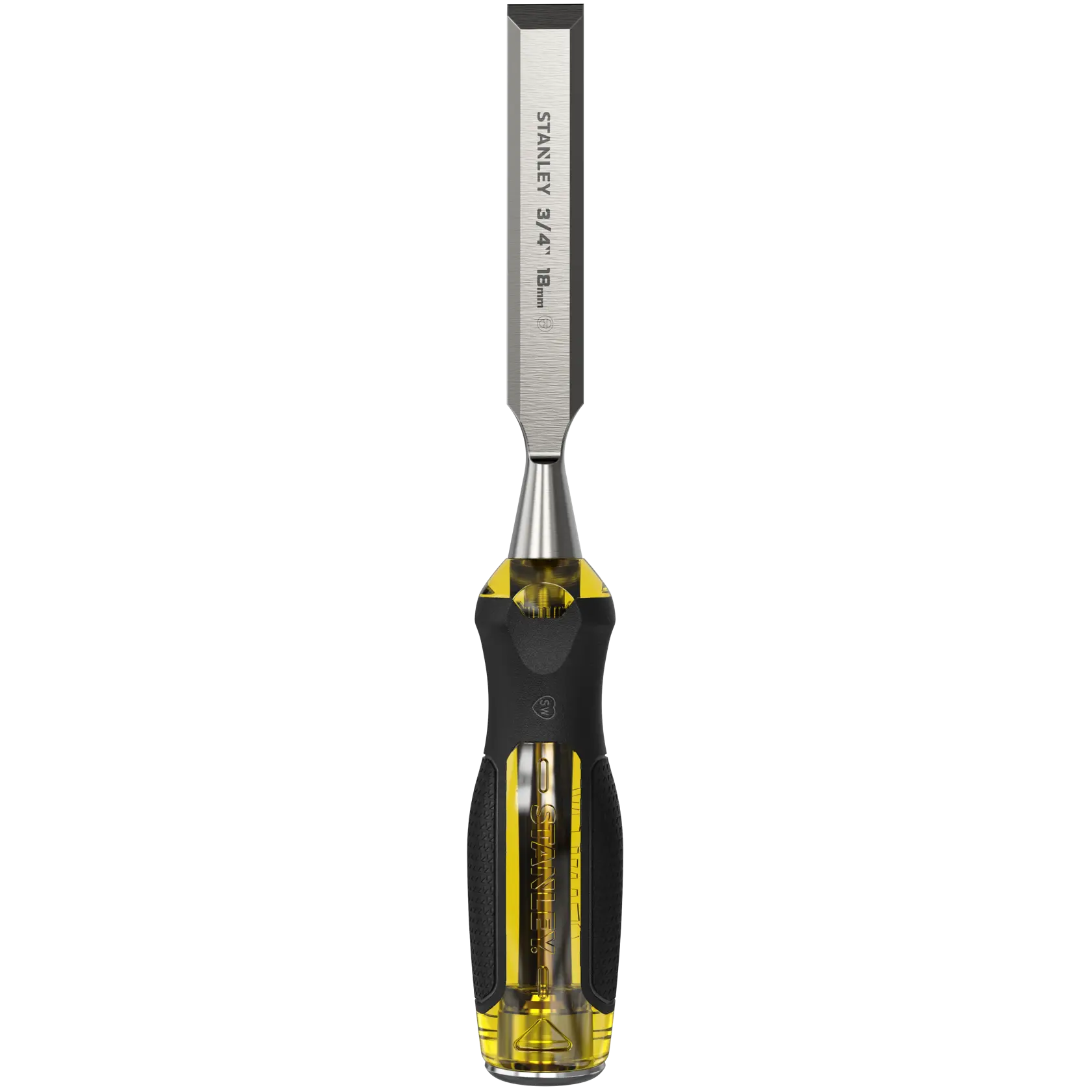 STANLEY 0-16-258 ciseau à bois avec lame en acier et poignée ergonomique jaune-noir, sur fond blanc.