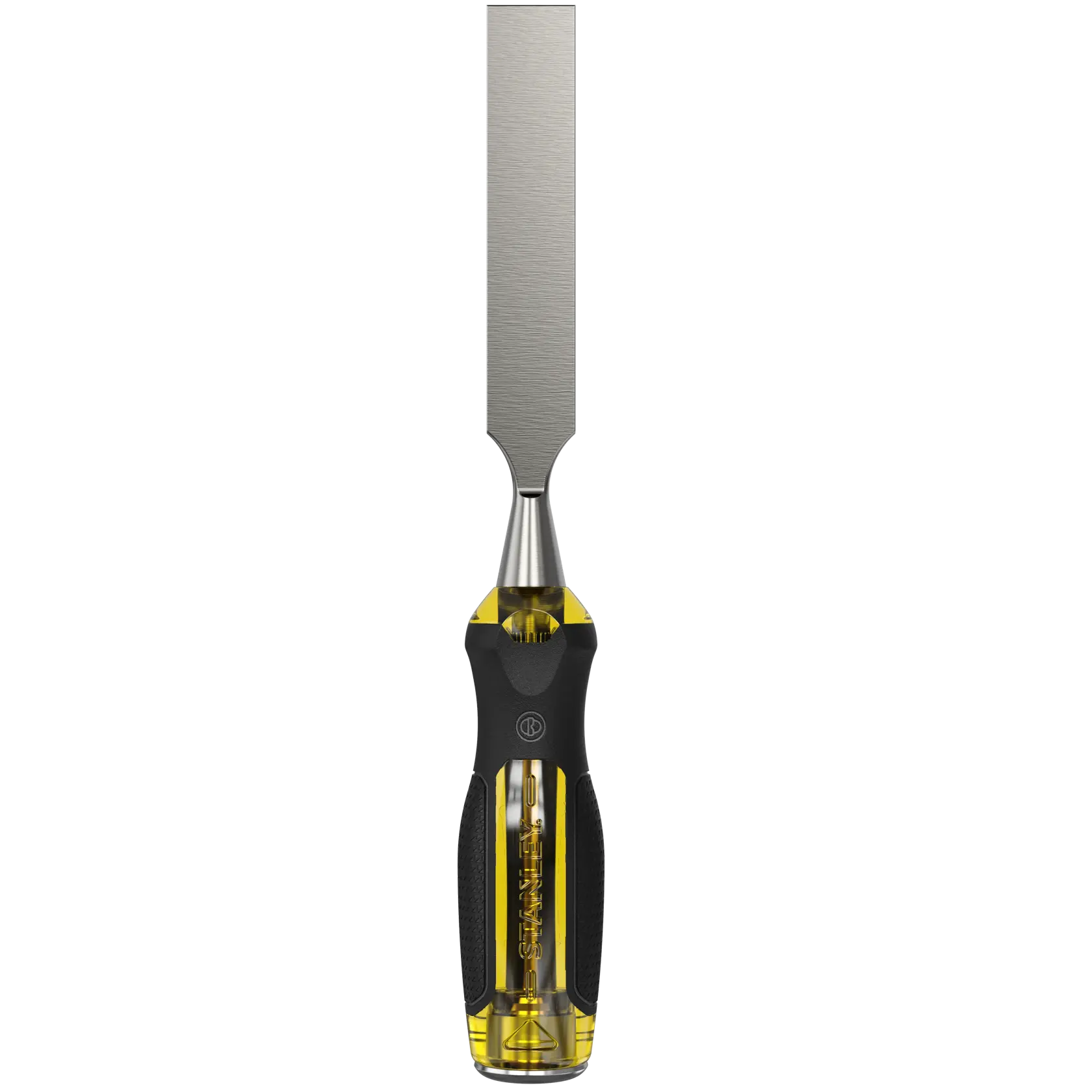 STANLEY 0-16-260 ciseau à bois avec poignée ergonomique jaune et noire, vue de face, sur fond blanc.