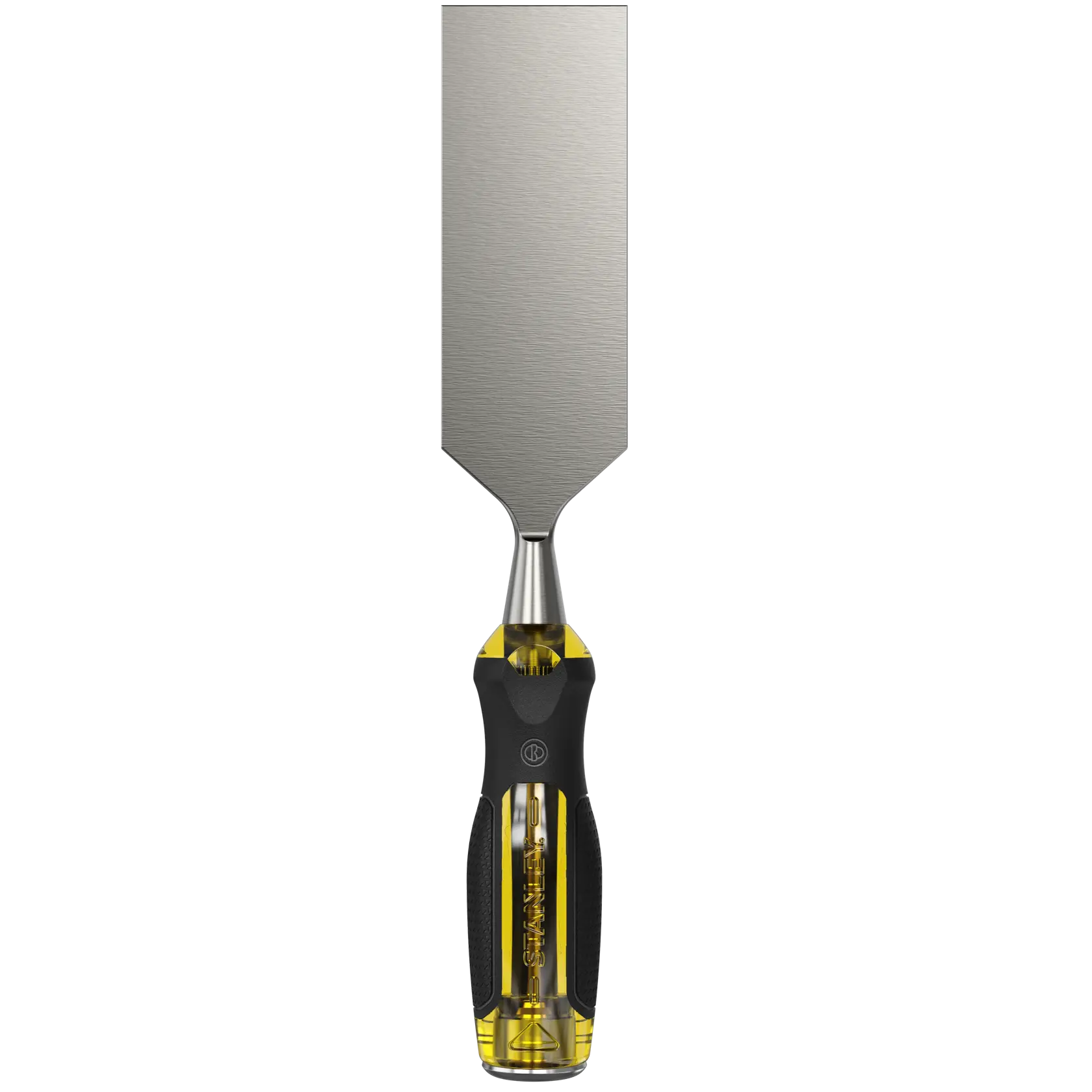 STANLEY 0-16-267 ciseau avec large lame en acier et manche ergonomique noir-jaune, vue de face sur fond blanc.