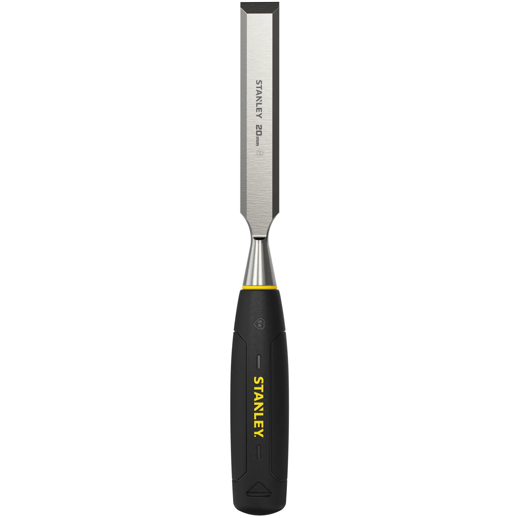Ciseau STANLEY 20mm avec poignée noire et jaune, présenté debout sur fond blanc.
