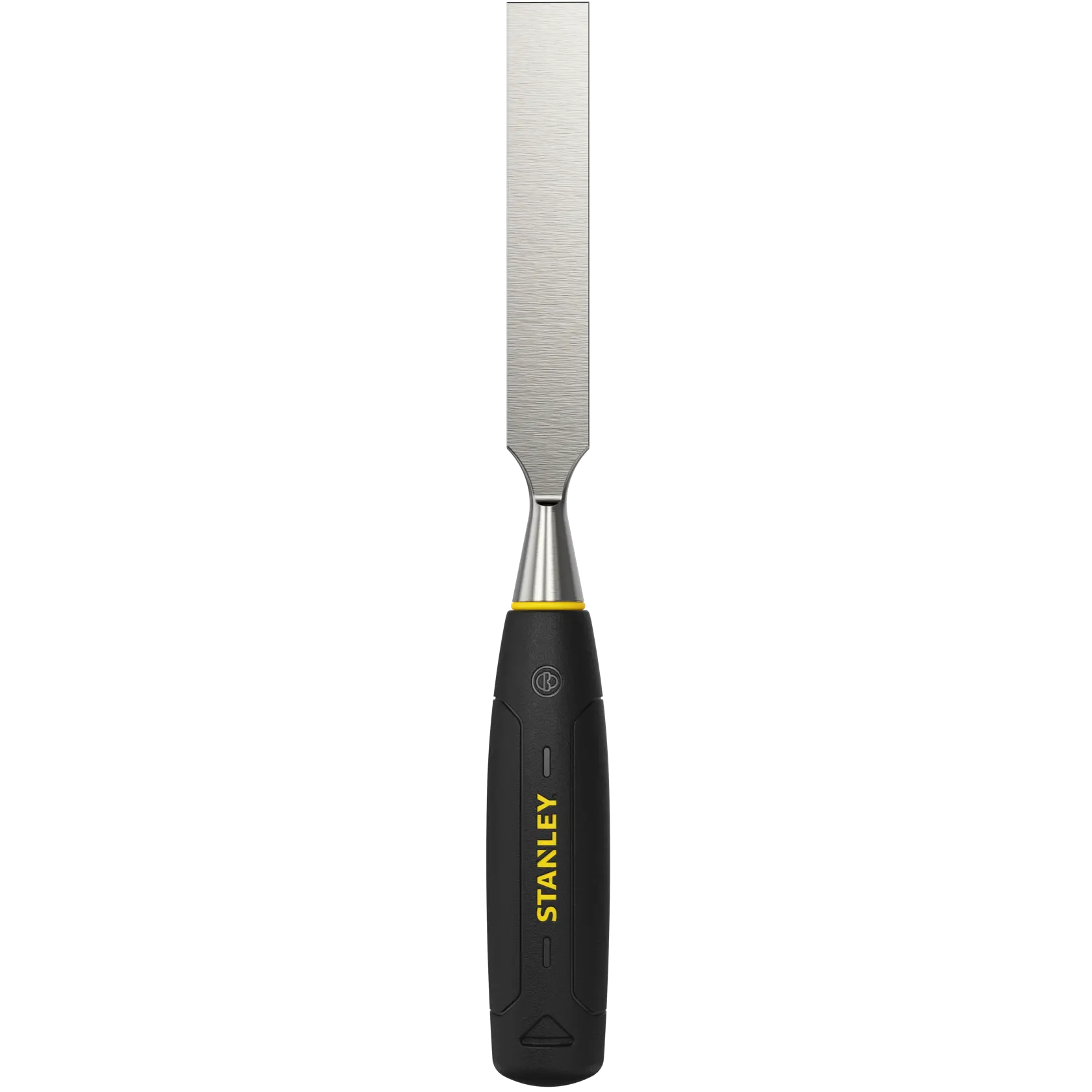 STANLEY 0-16-548 ciseau à bois avec manche ergonomique noir et jaune, vue de face sur fond blanc.