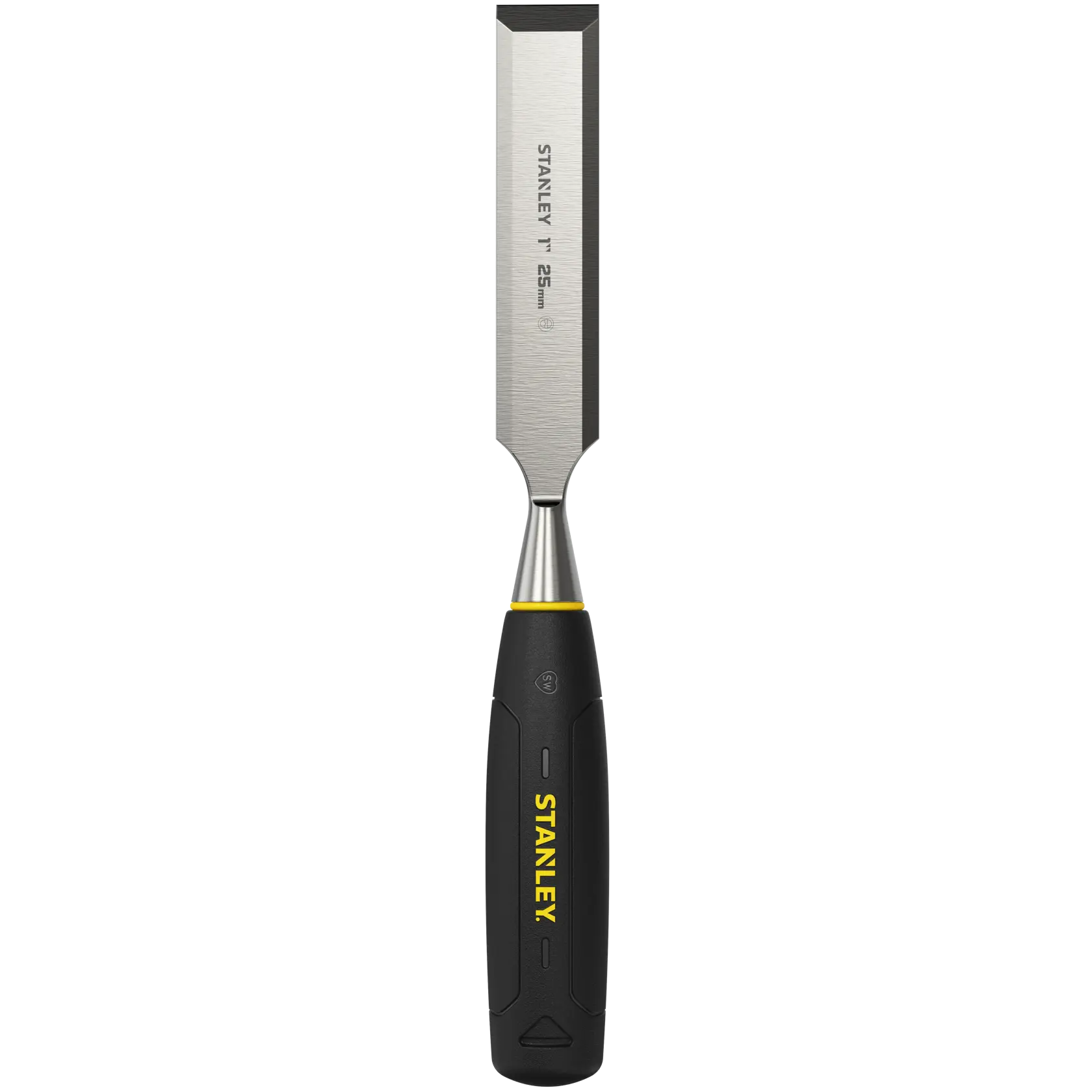 Stanley 25mm chisel with a black and yellow handle and sharp metal blade for woodworking.