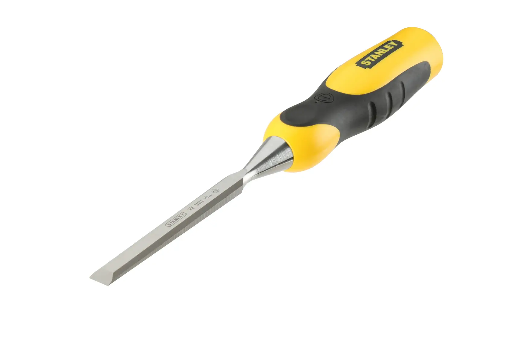Ciseau Stanley avec manche jaune et noir et lame métallique sur fond blanc.