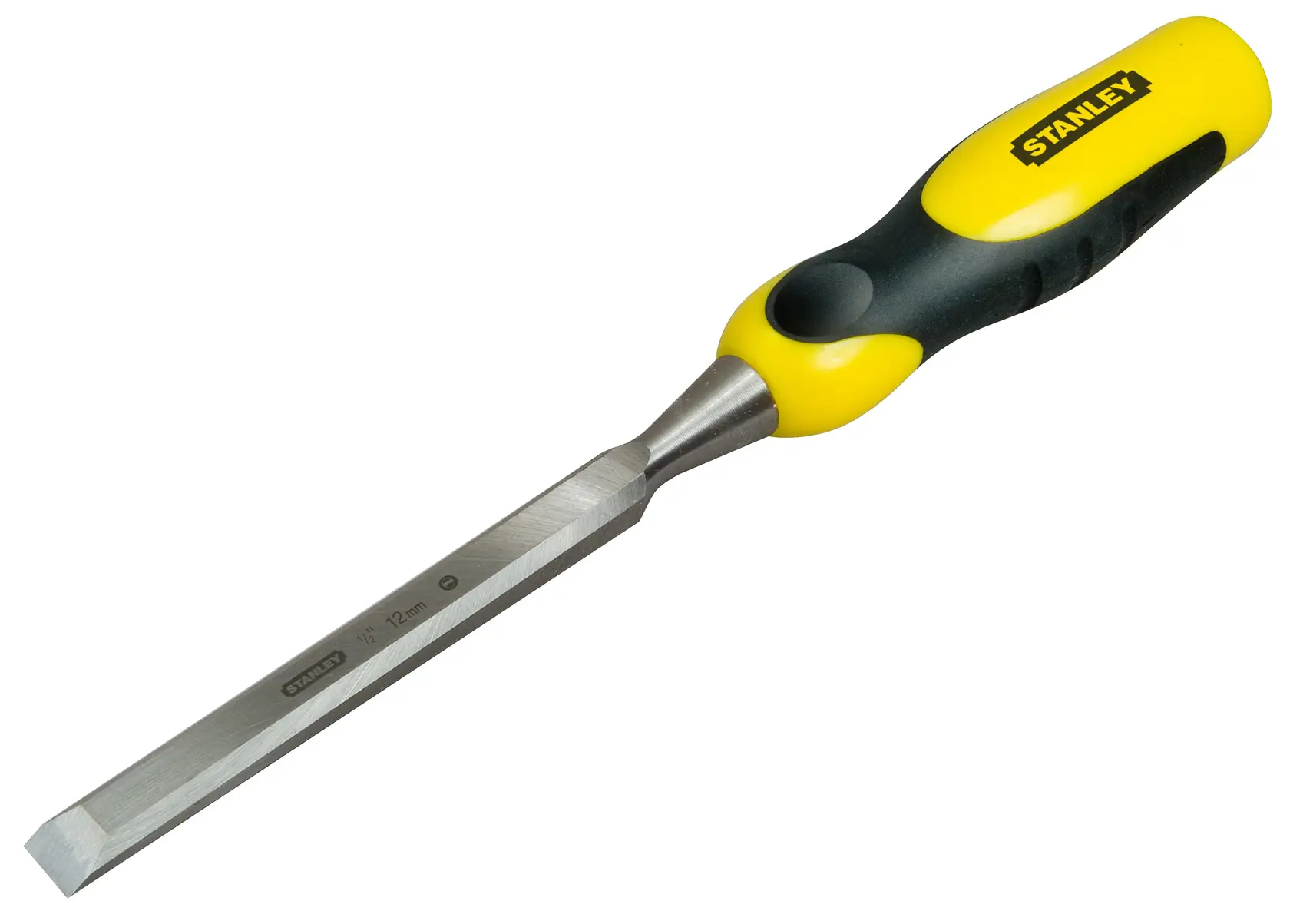 STANLEY 0-16-873 wood chisel with yellow and black handle, front angle on white background.