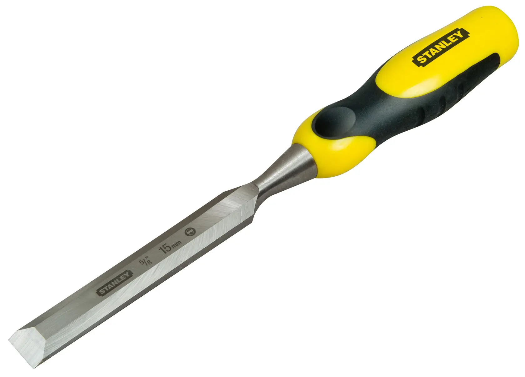 Ciseau Stanley avec manche jaune et noir et lame en acier de 15 mm pour le travail du bois.