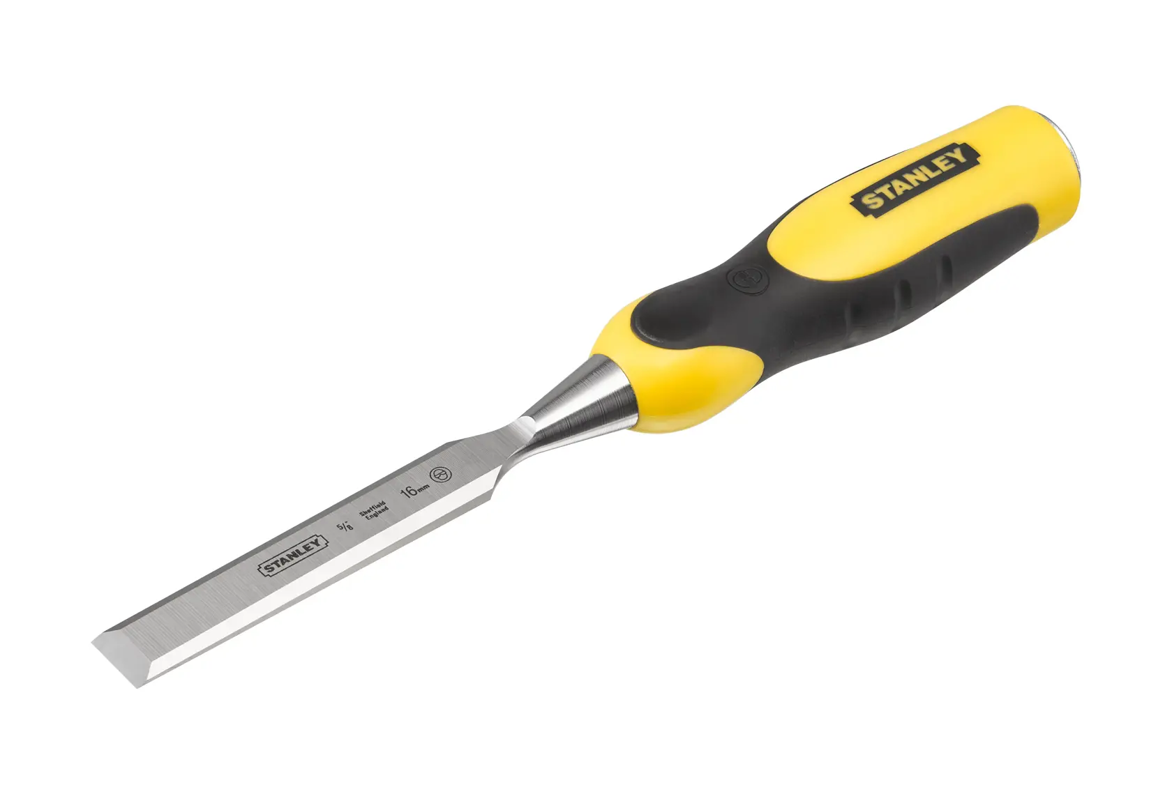 STANLEY 0-16-876 photography of yellow and black woodworking chisel, side angle on white background.