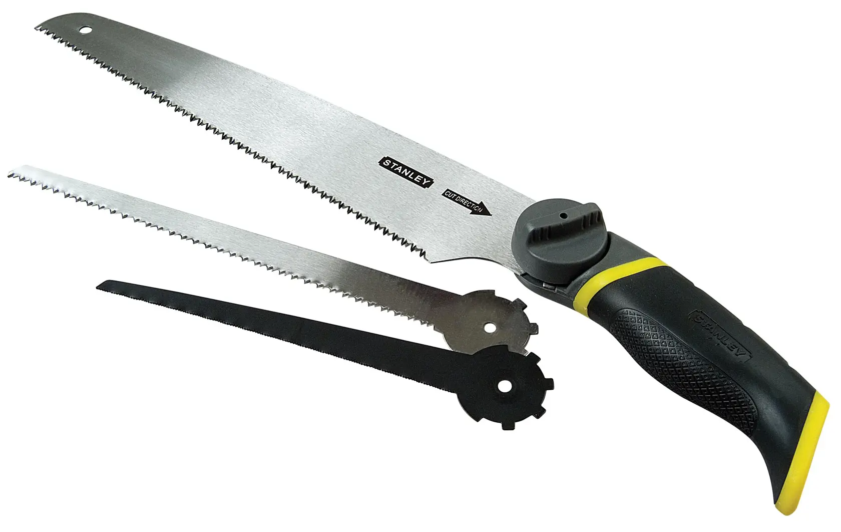 STANLEY 0-20-092 scie à main avec poignée ergonomique noire et jaune et deux lames interchangeables, vue latérale du produit.