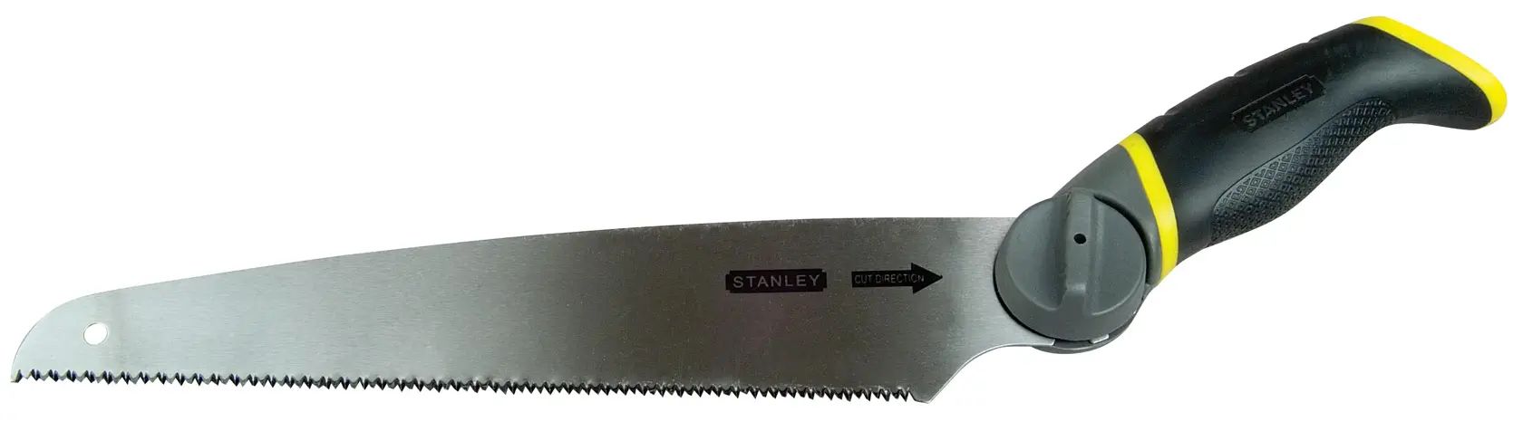 STANLEY 0-20-092 scie manuelle avec poignée ergonomique noire et jaune, vue latérale sur fond blanc.