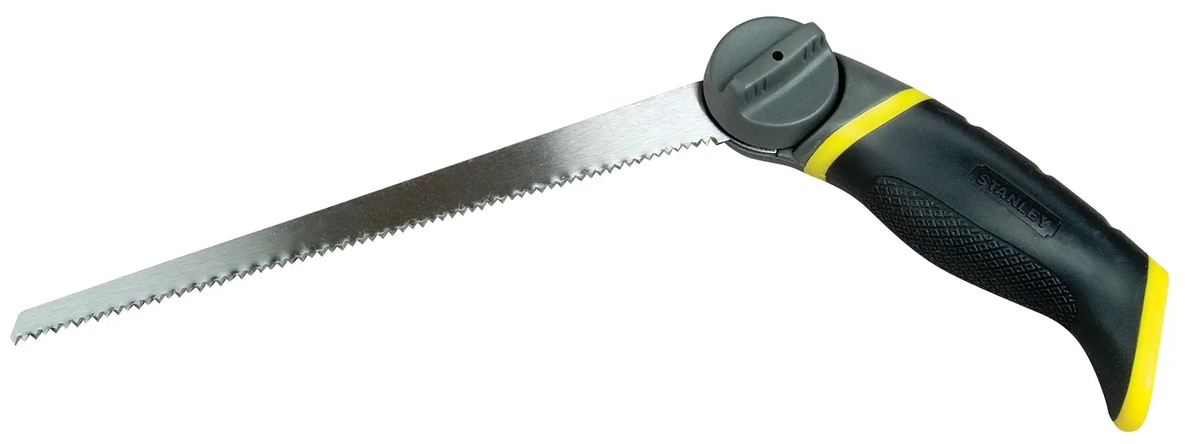 Scie à plâtre pliable STANLEY 0-20-092 avec poignée ergonomique noire et jaune, vue latérale, fond blanc.
