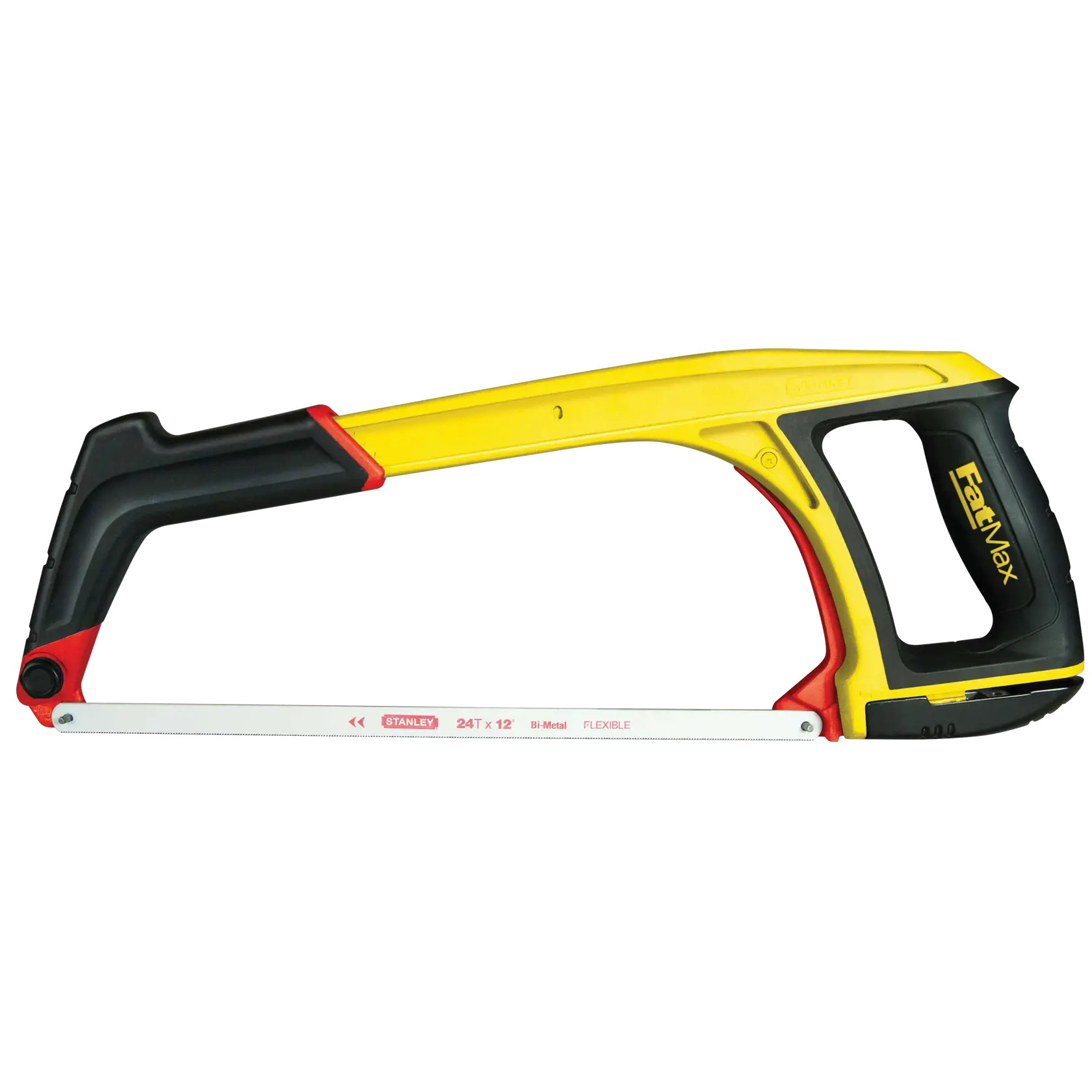 Scie à métaux Stanley jaune et noire avec poignée ergonomique, fond blanc, vue de profil latéral