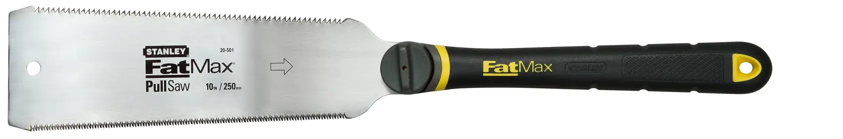 STANLEY 0-20-501 FatMax Pull Saw mit schwarzem und gelbem Griff, Seitenansicht auf weißem Hintergrund.