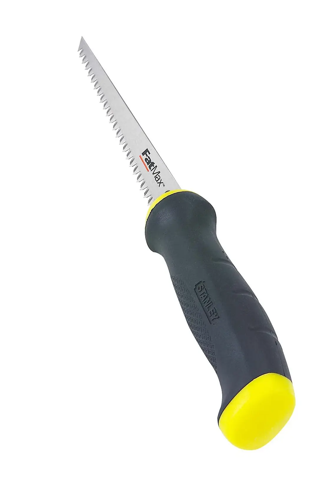 Scie Stanley pliable avec manche noir et jaune ergonomique et lame dentée, sur fond blanc.