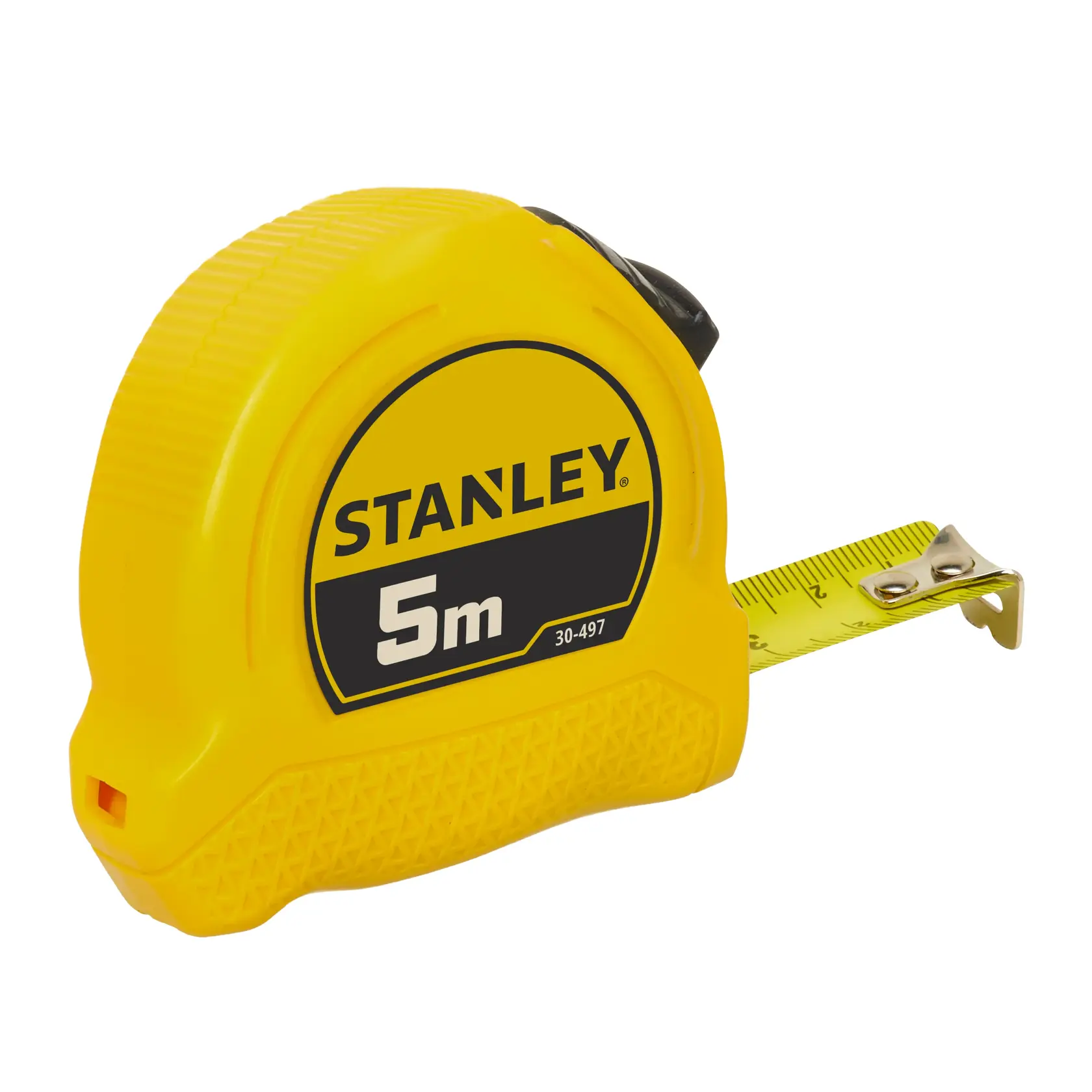 Mètre ruban Stanley jaune 5m avec détail noir et ruban partiellement déployé.