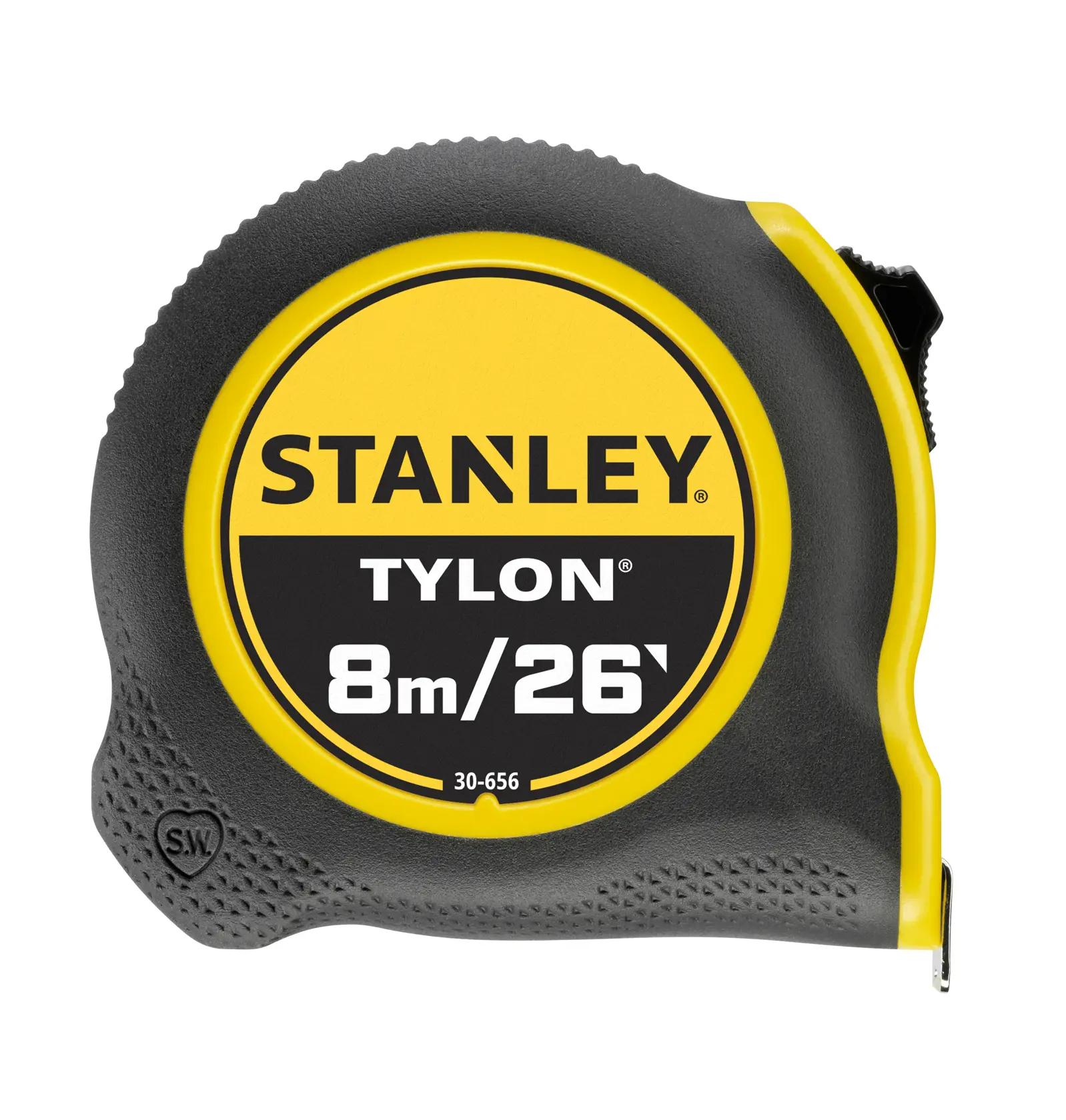 STANLEY 0-30-656 tape measure Tylon 8m/26ft, yellow and black casing, front angle, white background.