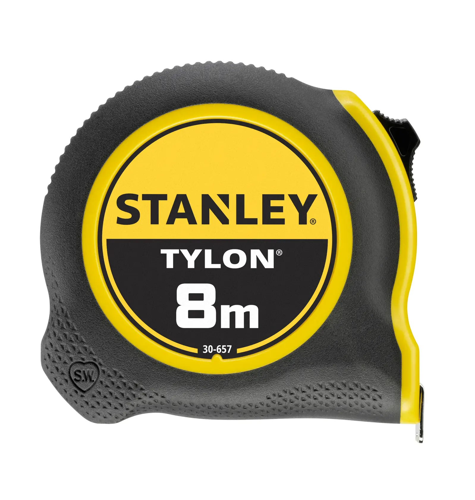 STANLEY 0-30-657 mètre ruban, 8m, noir et jaune, vue de face sur fond blanc.