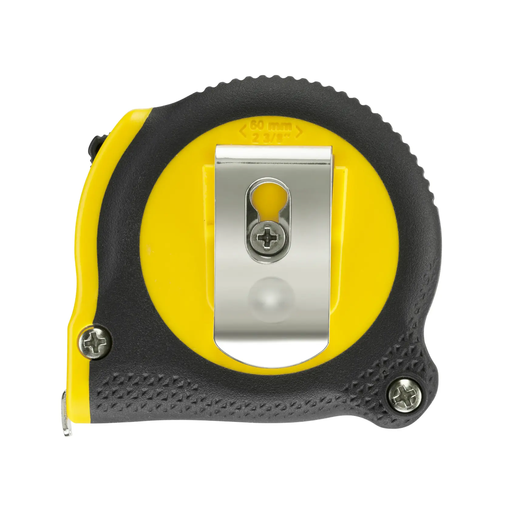 STANLEY 0-30-686 tape measure, yellow and black, back view showing belt clip, on white background.