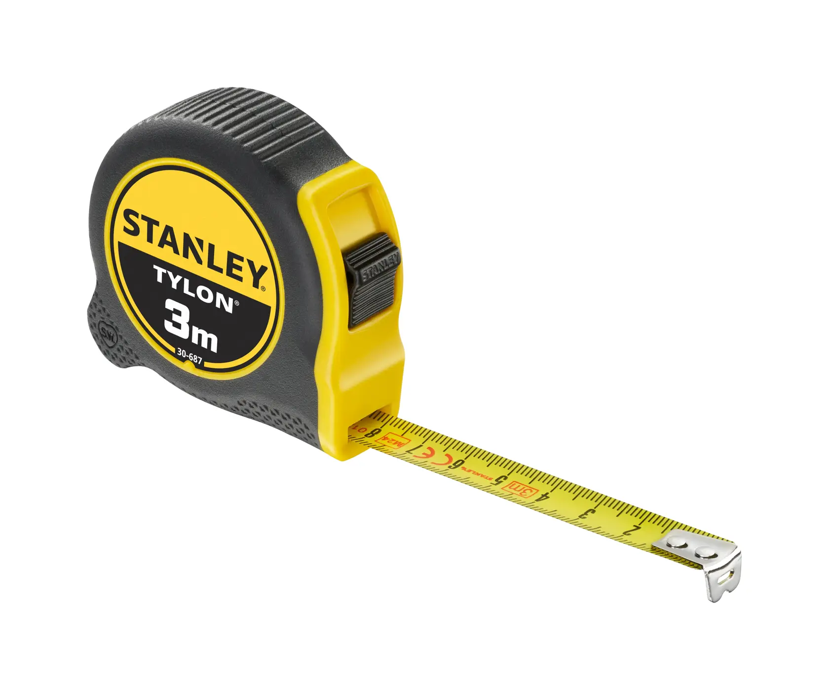 Photo of STANLEY 0-30-687 Tylon 3m tape measure, black and yellow, side angle on white background.
