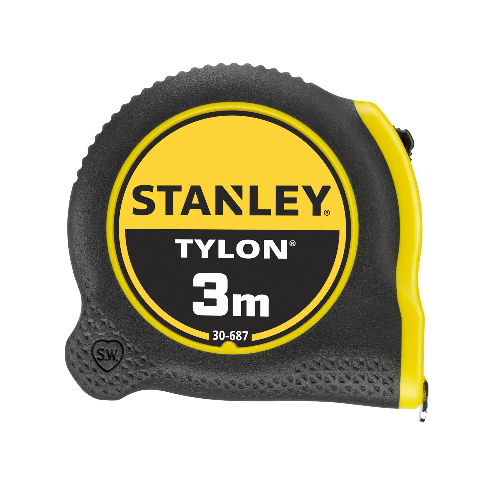 STANLEY 0-30-687 Tylon tape measure, 3m length, black and yellow, side angle, photography product.