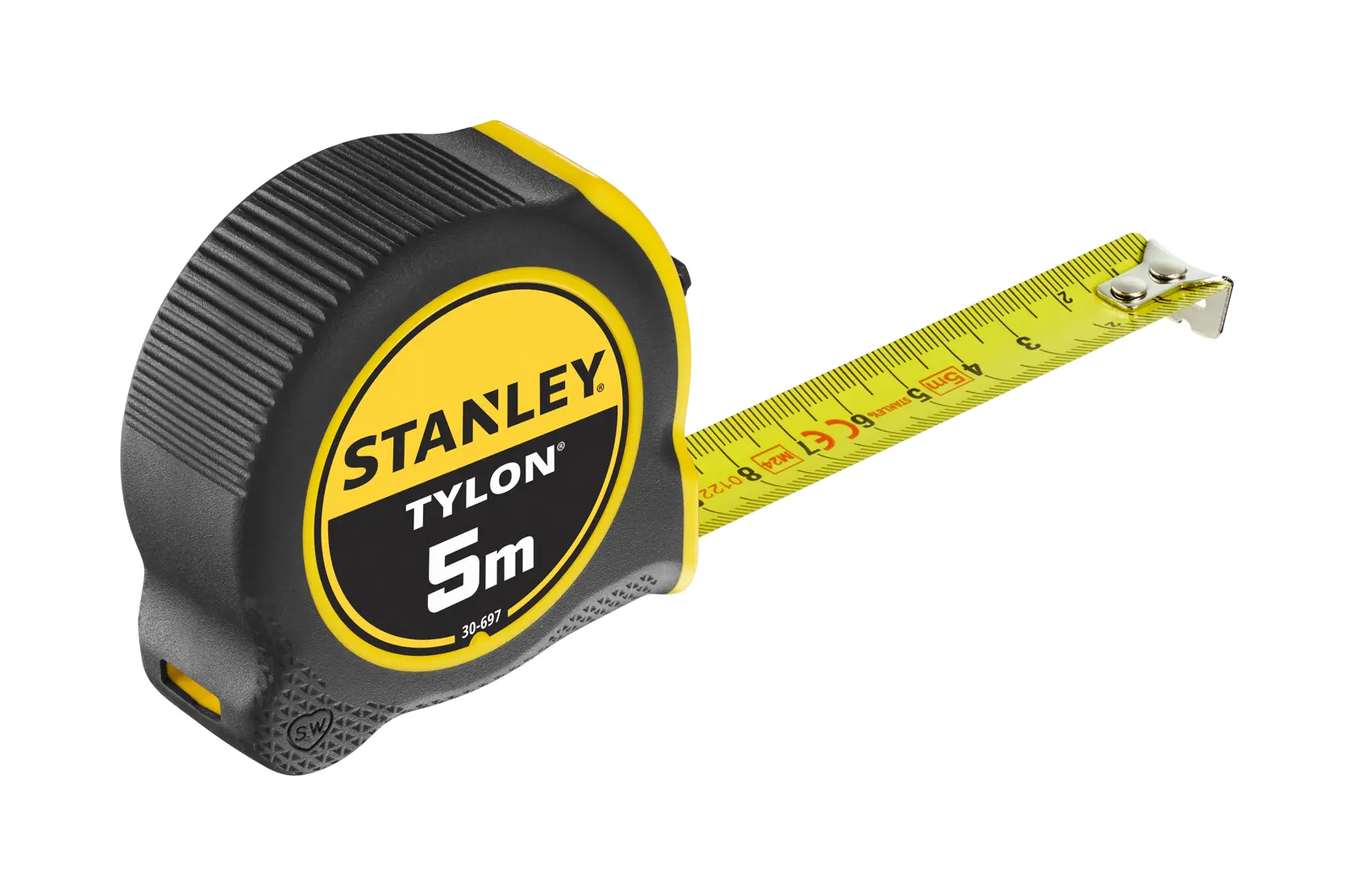 STANLEY 0-30-697 mètre ruban, Tylon 5m, noir et jaune, vue latérale, lame sortie.