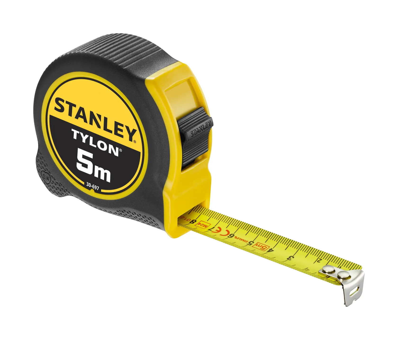STANLEY 0-30-697 Maßband, gelb und schwarz, 5m, Seitenansicht, ausgezogene Klinge, Fotografie.