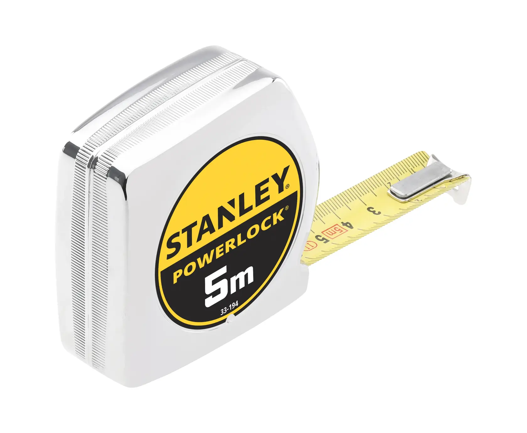 Foto des STANLEY 0-33-194 PowerLock 5m Maßbands, verchromtes Gehäuse, gelbes Band, Frontansicht auf weißem Hintergrund.