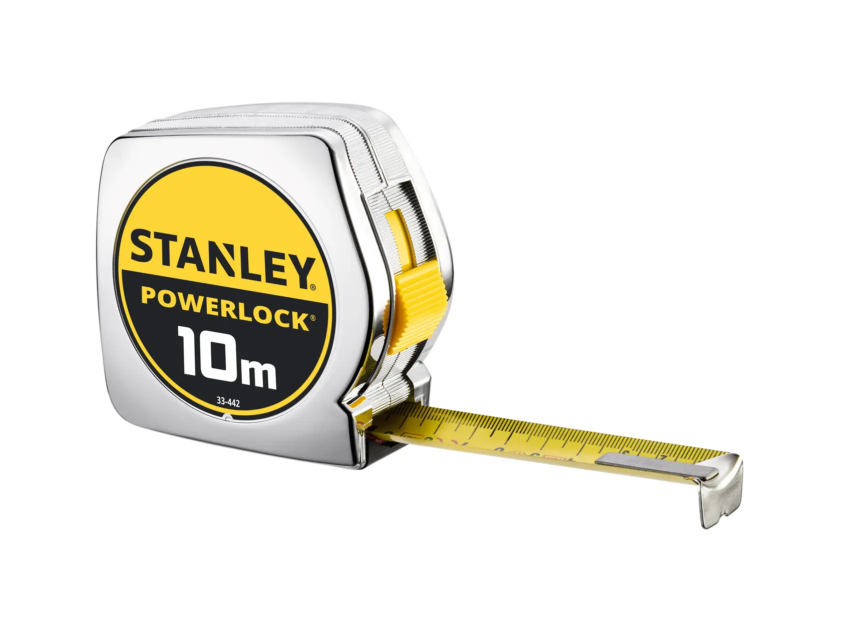 Foto des STANLEY 0-33-442 Maßbands mit Chromgehäuse, gelbem Band, PowerLock-Logo, schräg auf weißem Hintergrund.