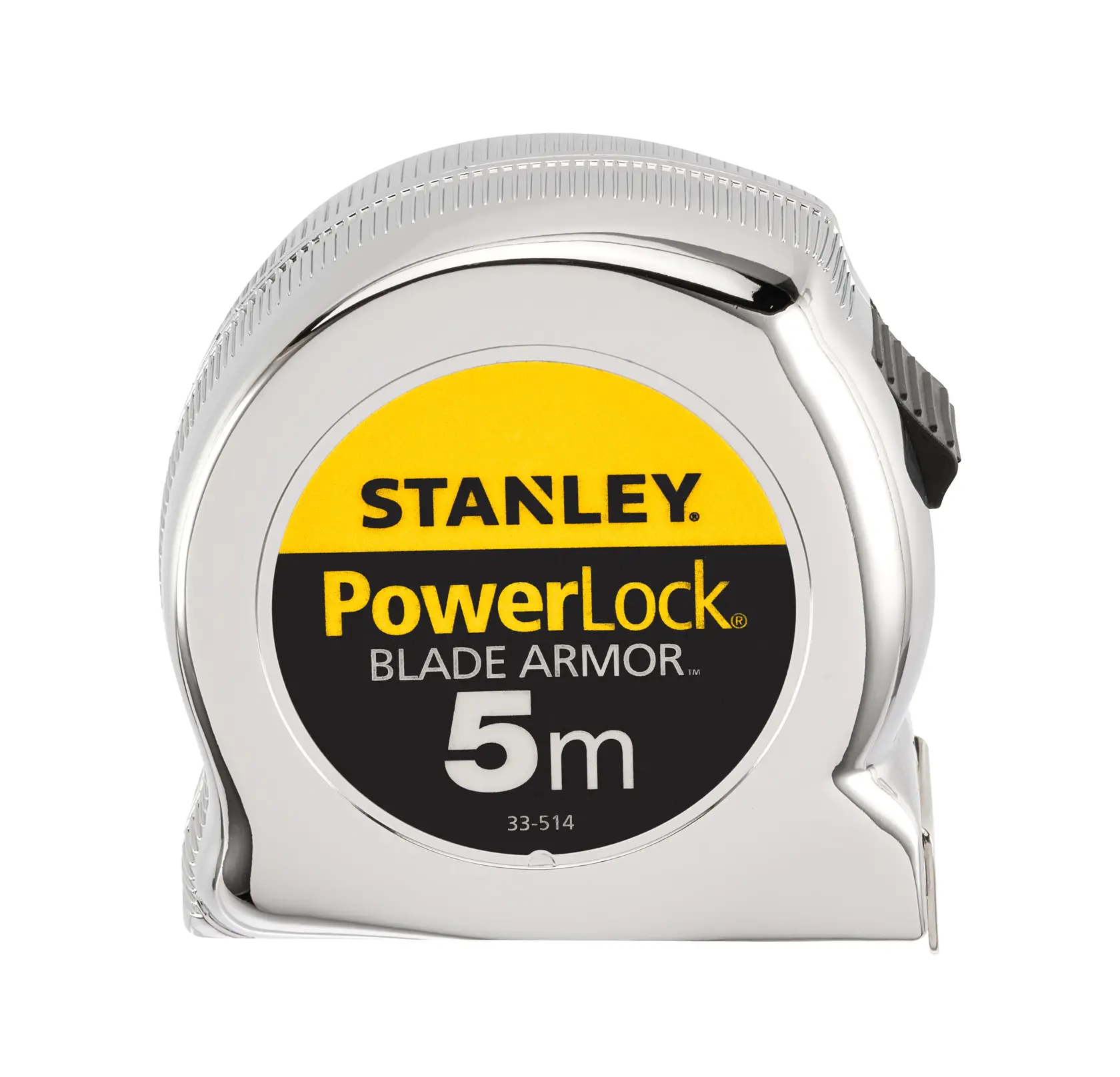Photo of STANLEY 0-33-514 tape measure with chrome case, PowerLock branding, 5m length, front angle.