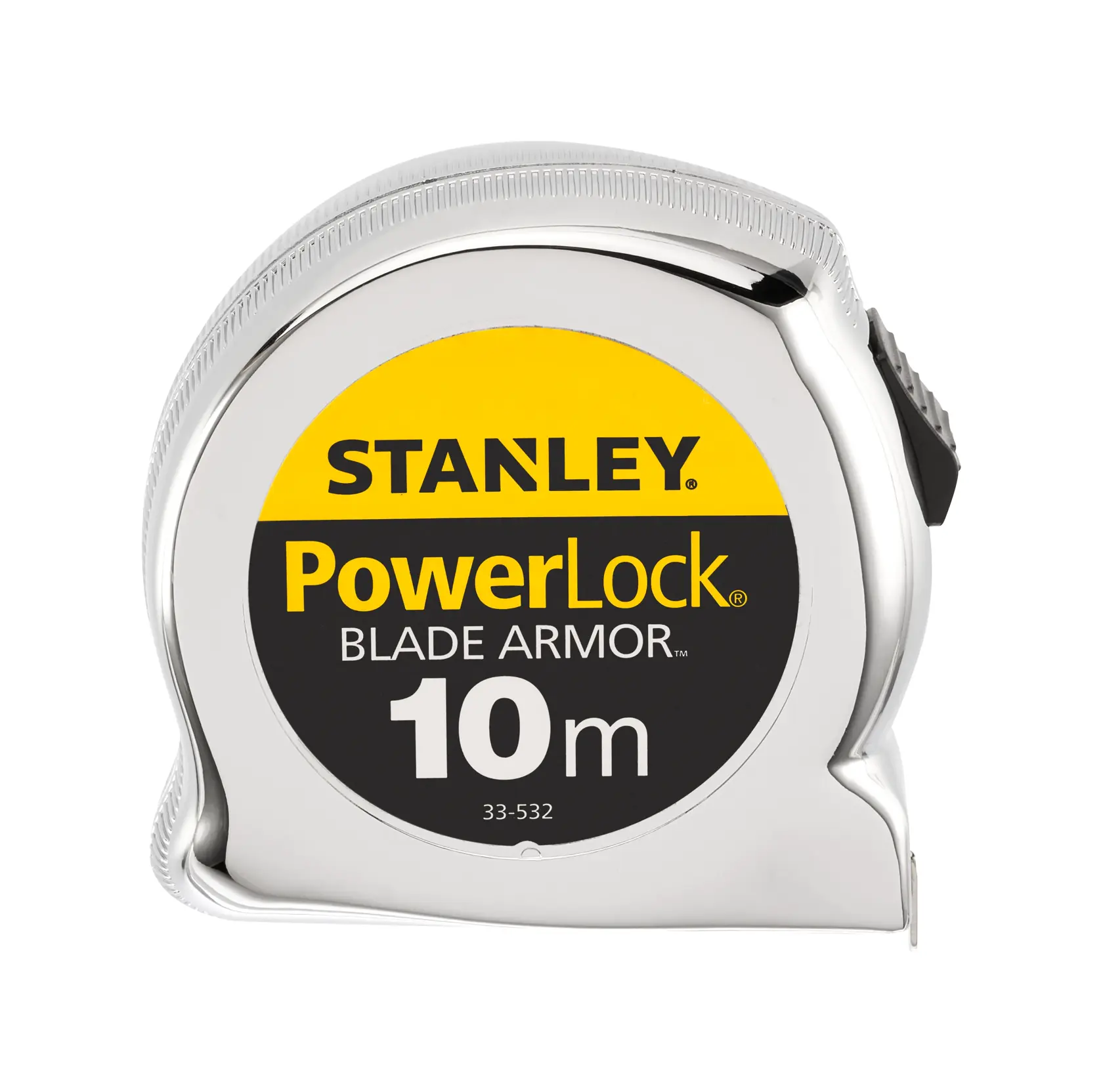 STANLEY 0-33-532 PowerLock Blade Armor 10m ruban à mesurer, boîtier chromé, angle frontal, photographie